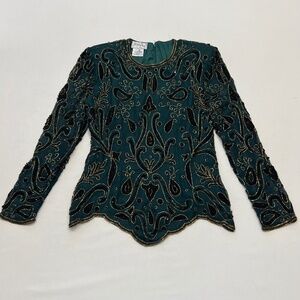 Vintage 80s Statement Beaded Blouse Size Medium Maximalist Glam Shoulder Pad Top